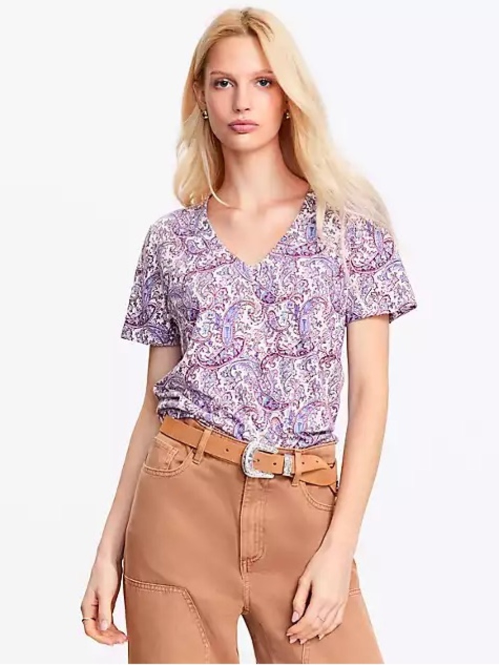 Ann Taylor LOFT NWT Paisley Everyday V-Neck Cotton Tee Shirt Purple Size XS